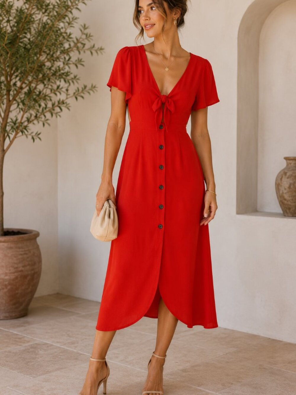 ASTR The Label Red Tie Back Midi Dress Size M Viscose Fit & Flare Event Dress
